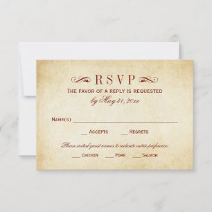 Vintage Rustic Dark Red Flourish Parchment Wedding RSVP Card
