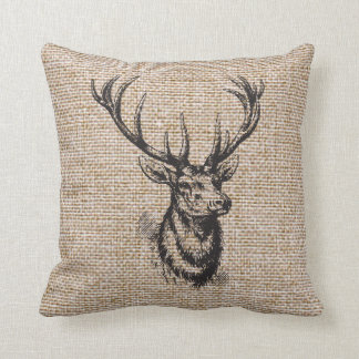 Vintage Rustic Deer Antlers on Faux Burlap Cushion