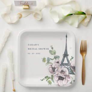 Vintage Rustic Eiffel Tower Floral Bridal Shower Paper Plate