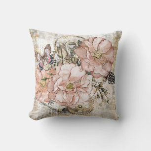 Vintage Rustic Ephemera Pink Floral Cushion