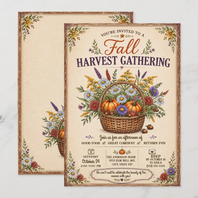 Vintage Rustic Fall Autumn Harvest Party Invitation (Front/Back)