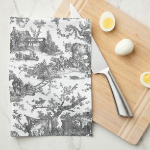 Vintage Rustic Farm French Toile-Black & White Tea Towel