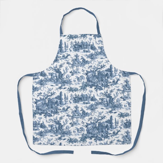 Vintage Rustic Farm French Toile-Blue & White Apron (Front)