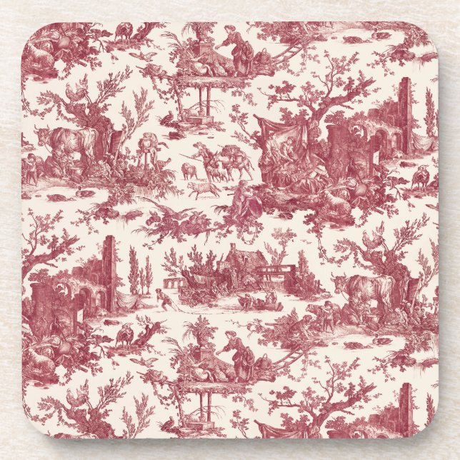 Vintage Rustic Farm French Toile-Red & Tan Coaster (Front)
