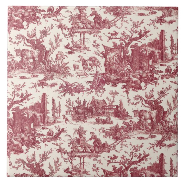 Vintage Rustic Farm French Toile-Red & Tan Tile (Front)