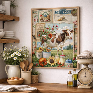 Vintage Rustic Farmhouse Collage Cow  Poster