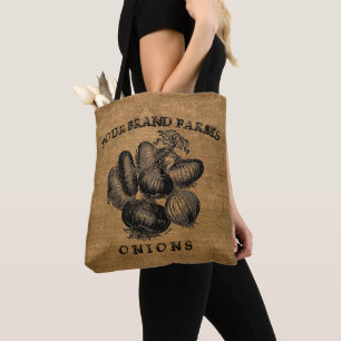 Vintage Rustic Faux Burlap Onion Sack Template Tote Bag