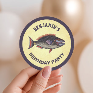 Vintage Rustic Fishing Birthday Party Favour Classic Round Sticker