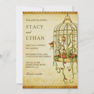 Vintage Rustic Floral Birdcage Wedding Invitation