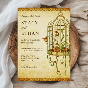 Vintage Rustic Floral Birdcage Wedding Invitation