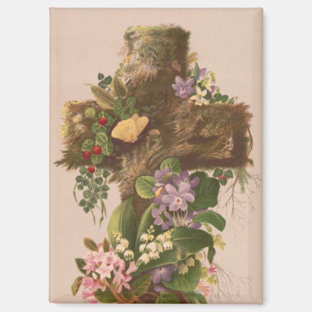 Vintage Rustic Floral Cross, Easter Card, Magnet (Front)