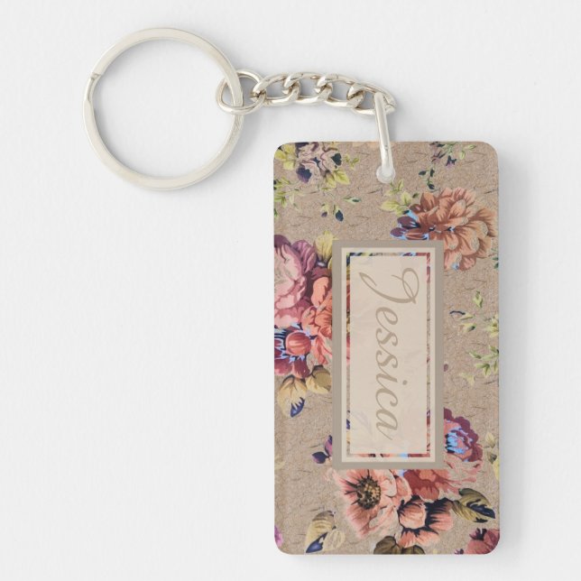 Vintage Rustic Floral Personalised Key Ring (Front)