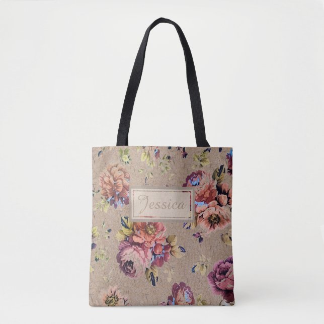 Vintage Rustic Floral Personalised Tote Bag (Front)