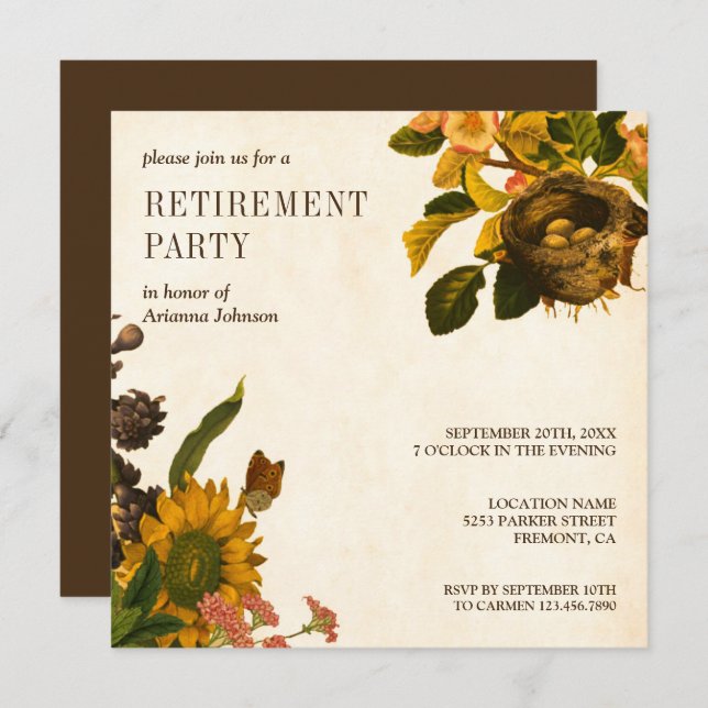 Vintage Rustic Floral Retirement Party Invitation (Front/Back)