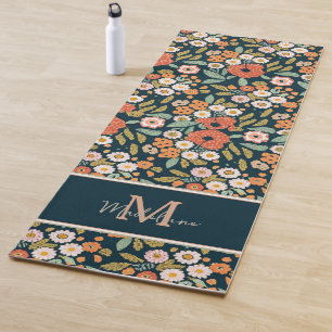 Vintage Rustic Flowers Pattern Navy Name Monogram Yoga Mat