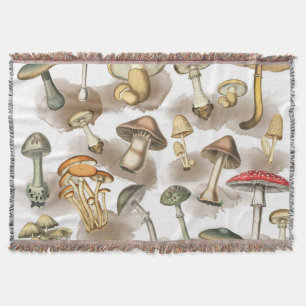 Vintage Rustic Forest Mushrooms Throw Blanket