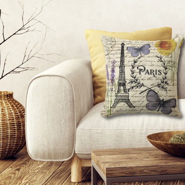 vintage rustic french butterfly paris eiffel tower cushion (vintage rustic french butterfly paris eiffel tower throw pillow)