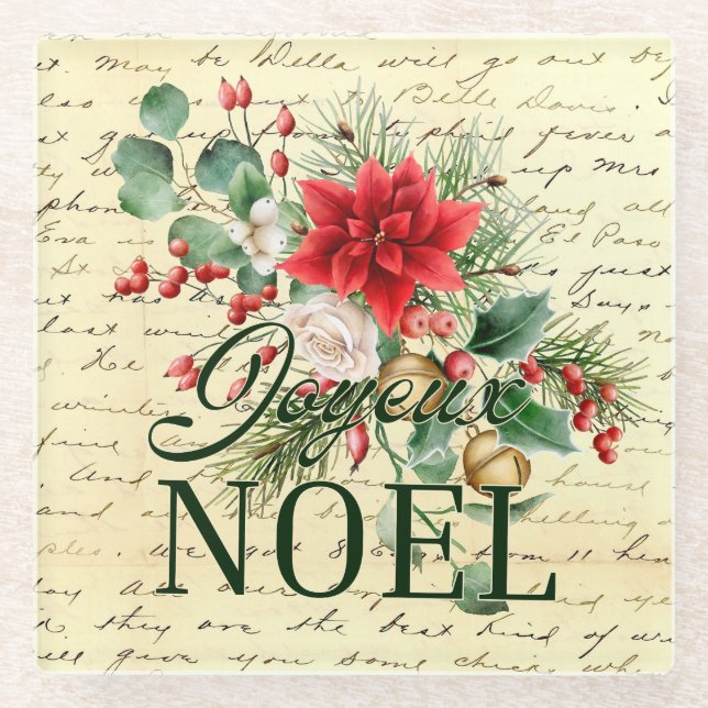 Vintage Rustic French Joyeux Noel  Glass Coaster (Front)