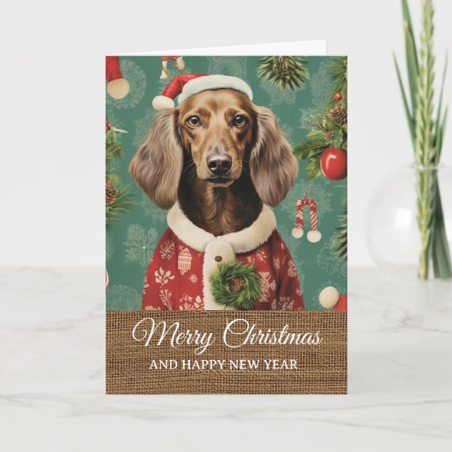 Vintage Rustic Funny Dog in Costume Christmas  Card (Front)