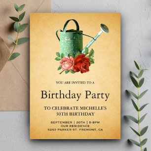Vintage Rustic Garden Floral Watering Can Birthday Invitation