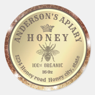 Vintage rustic gold bee crown honey comb honey jar classic round sticker