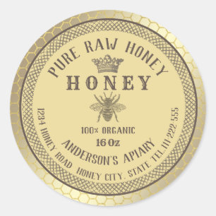 Vintage rustic gold bee crown honey comb honey jar classic round sticker