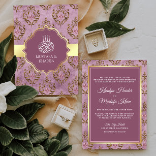 Vintage Rustic Gold Lavender Damask Muslim Wedding Invitation
