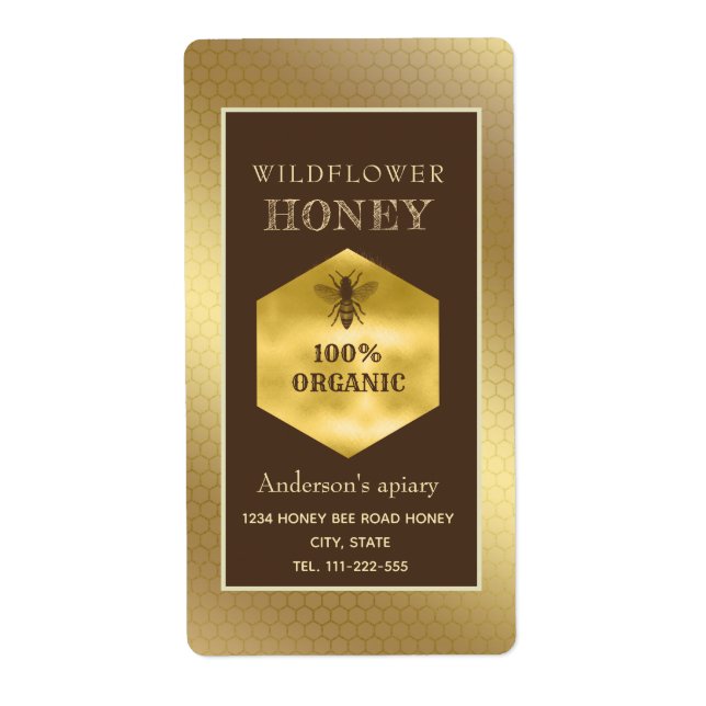 Vintage rustic gold logo queen bee honey jar (Front)