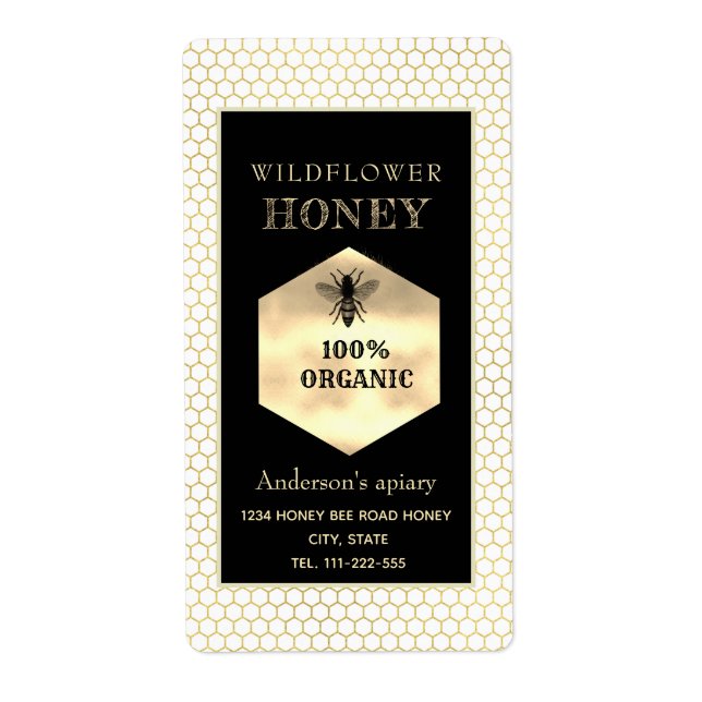 Vintage rustic gold logo queen bee honey jar (Front)