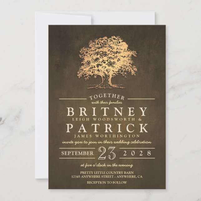 Vintage Rustic Gold Oak Tree Wedding Invitations (Front)