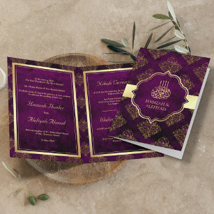 Vintage Rustic Gold Purple Damask Muslim Wedding Invitation