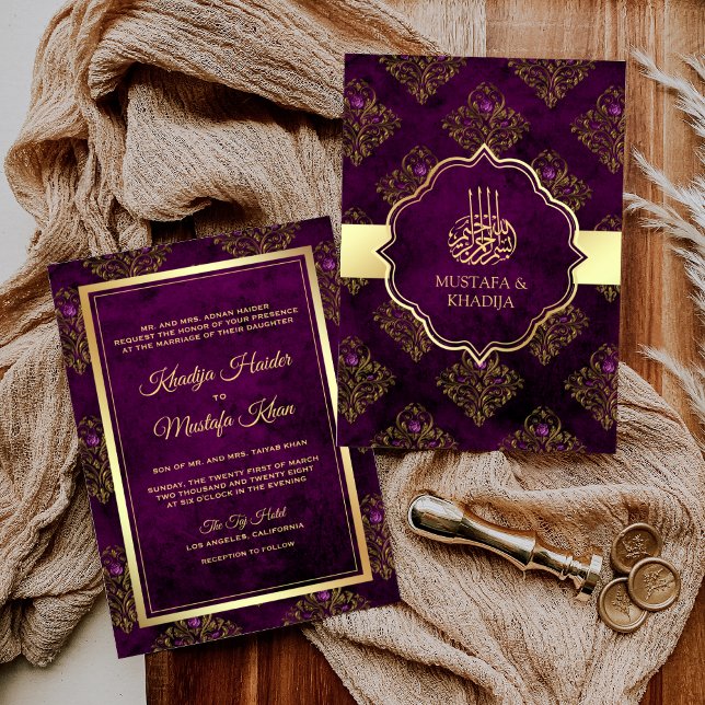 Vintage Rustic Gold Purple Damask Muslim Wedding Invitation (Creator Uploaded)