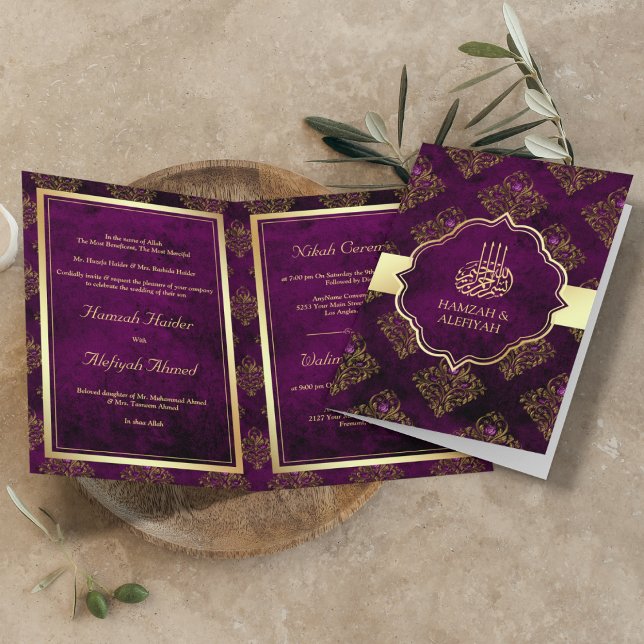 Vintage Rustic Gold Purple Damask Muslim Wedding Invitation (Creator Uploaded)