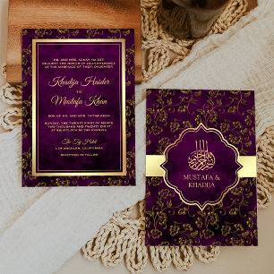 Vintage Rustic Gold Purple Filigree Muslim Wedding Invitation