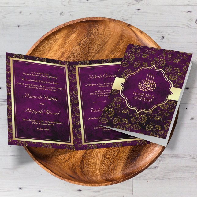 Vintage Rustic Gold Purple Filigree Muslim Wedding Invitation (Creator Uploaded)