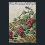 Vintage Rustic Grapes and Vines Tea Towel<br><div class="desc">Colourful Victorian-era rustic floral design featuring bunches of ripe,  purple grapes,  deep green leaves and undulating vines on arbor with grey background.</div>