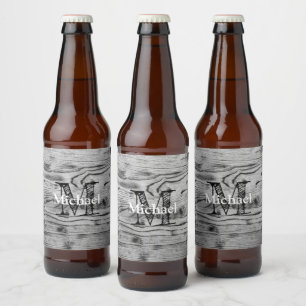 Vintage rustic gray black burnt wood Monogram Beer Bottle Label