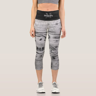 Vintage rustic grey black burnt wood Monogram Capri Leggings