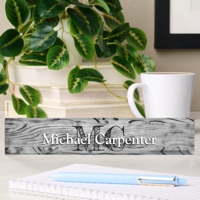 Vintage rustic grey black burnt wood Monogram Nameplate