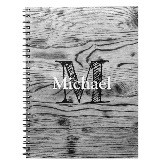 Vintage rustic grey black burnt wood Monogram Notebook (Front)