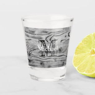 Vintage rustic grey black burnt wood Monogram Shot Glass