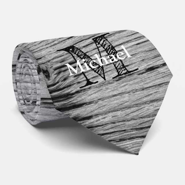 Vintage rustic grey black burnt wood Monogram Tie (Rolled)
