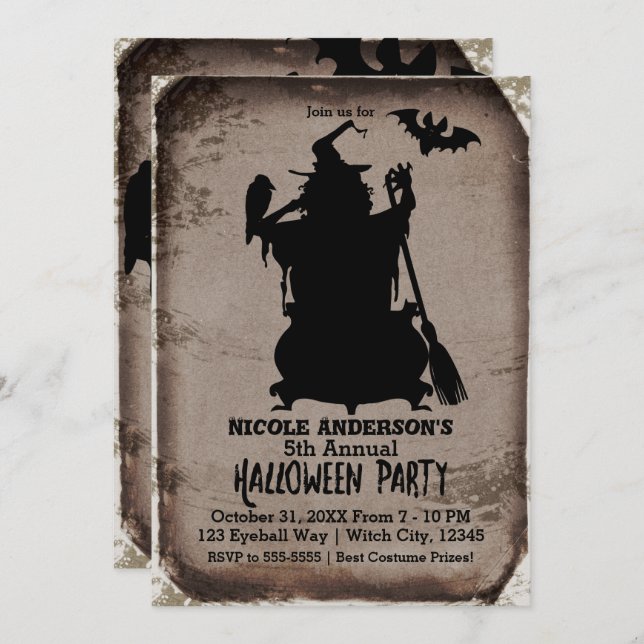 Vintage Rustic Halloween Witch Cauldron Party Invitation (Front/Back)