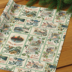 Vintage Rustic Holly Christmas Card Collage Wrapping Paper