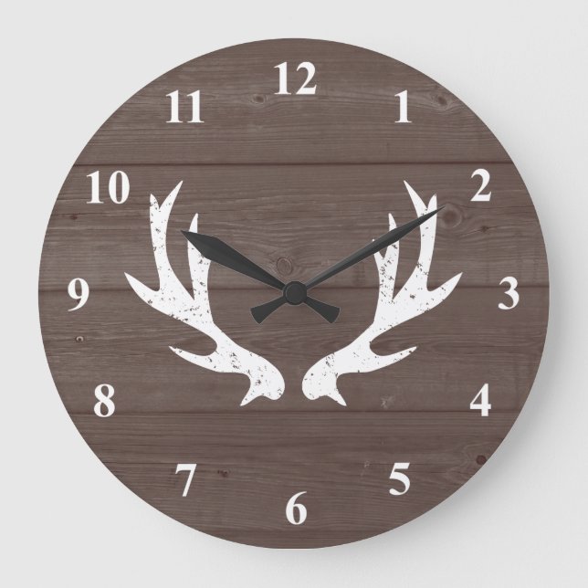 Vintage rustic hunting deer antler wood wall clock (Front)