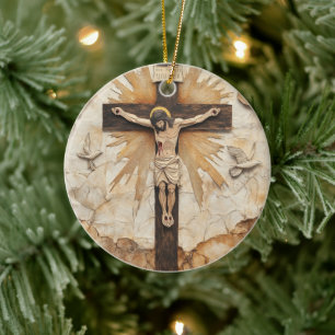 Vintage Rustic Jesus on the Cross Ceramic Tree Decoration