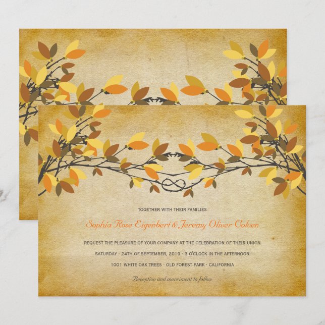 Vintage Rustic Knotted Love Trees Autumn Wedding Invitation (Front/Back)