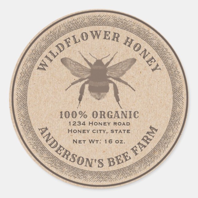 Vintage rustic Kraft bee  honey jar label (Front)