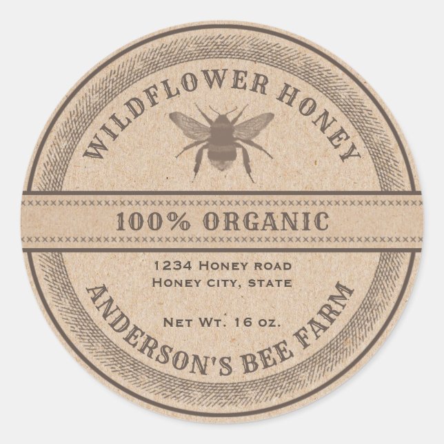 Vintage rustic Kraft bee  honey jar label (Front)