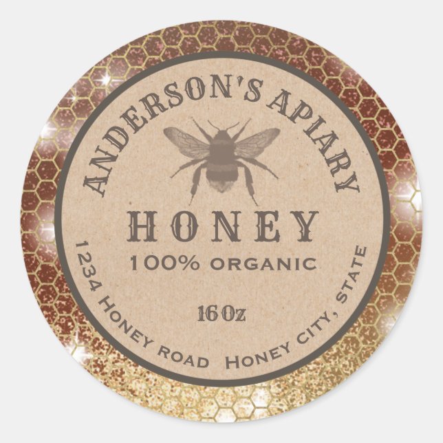 Vintage rustic Kraft bee honeycomb honey jar label (Front)